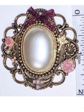 Pearl Brooch Victorian Tea Rose Antique Gold w/ Maroon Bow & Gold Cross